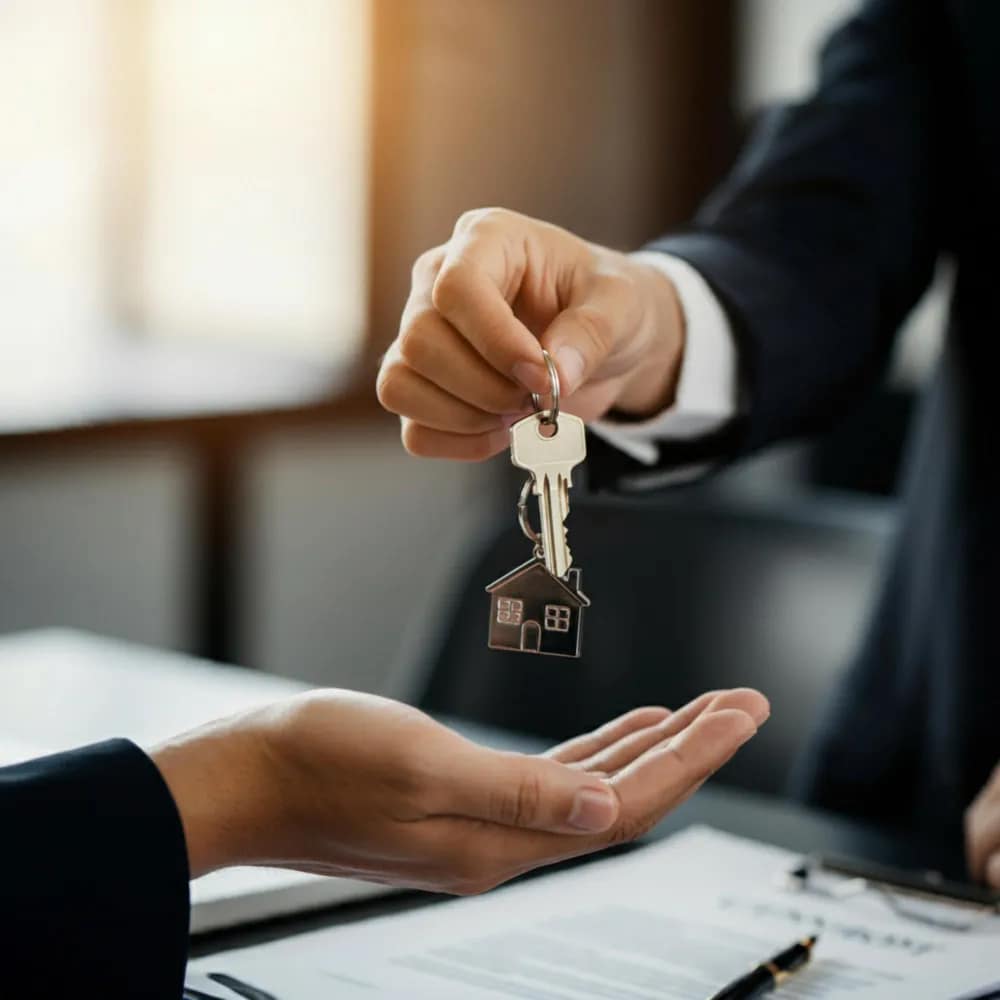 Real estate agent handing house keys to a new homeowner over closing documents